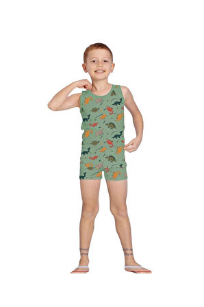 ELM Yeşil Dinozor Desenli Erkek Çocuk Atlet Boxer Takımı 7058