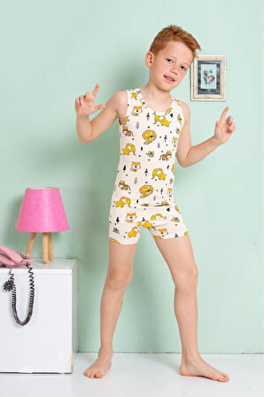 ELM Bej Arslan Desenli Erkek Çocuk Atlet Boxer Takımı 7064