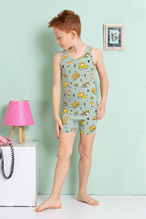 ELM Yeşil Arslan Desenli Erkek Çocuk Atlet Boxer Takımı 7065