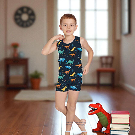 ELM Lacivert Dinozor Desenli Erkek Çocuk Atlet Boxer Takımı 7085