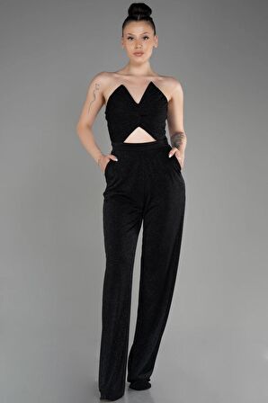 Straplez Göbek Dekolteli Uzun Simli Abiye Tulum ABT113