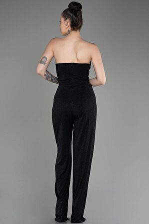 Straplez Göbek Dekolteli Uzun Simli Abiye Tulum ABT113