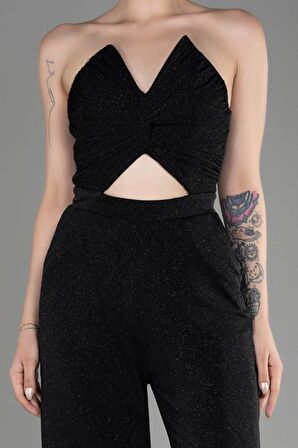 Straplez Göbek Dekolteli Uzun Simli Abiye Tulum ABT113