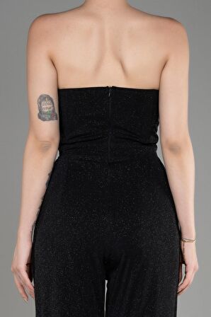 Straplez Göbek Dekolteli Uzun Simli Abiye Tulum ABT113