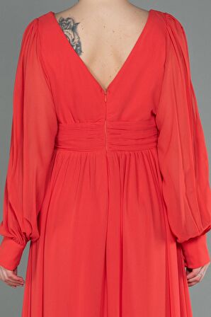 Uzun Kol Bacak Dekolteli Şifon Abiye Elbise ABU1702