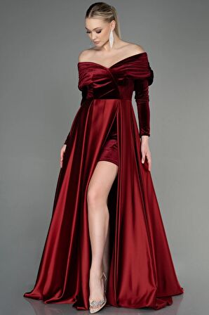 Kadife Uzun Kol Saten Abiye Elbise ABU2083