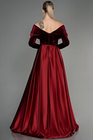 Kadife Uzun Kol Saten Abiye Elbise ABU2083