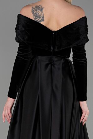 Kadife Uzun Kol Saten Abiye Elbise ABU2083