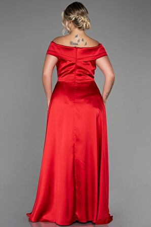 Kayık Yaka Uzun Saten Büyük Beden Abiye ABU2355