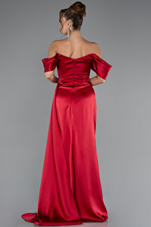 Kayık Yaka Yırtmaçlı Uzun Saten Abiye ABU2661