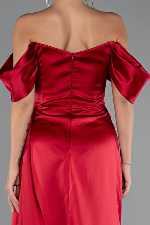 Kayık Yaka Yırtmaçlı Uzun Saten Abiye ABU2661