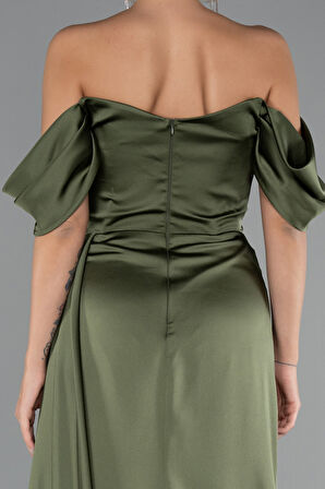 Kayık Yaka Yırtmaçlı Uzun Saten Abiye ABU2661