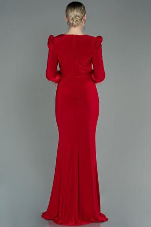 Otrişli Uzun Kol Yırtmaçlı Abiye Elbise ABU2804