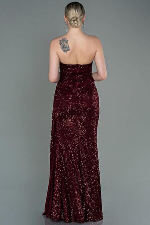 Straplez Bacak Dekolteli Uzun Pullu Abiye ABU3134