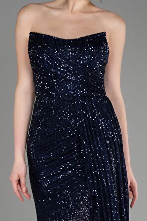 Straplez Bacak Dekolteli Uzun Pullu Abiye ABU3134