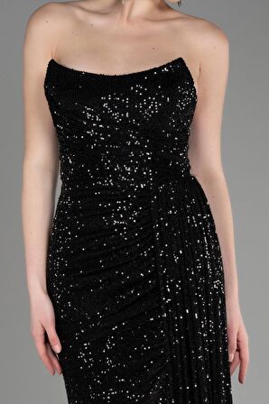 Straplez Bacak Dekolteli Uzun Pullu Abiye ABU3134