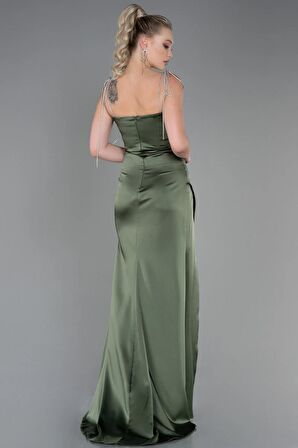 Taş Askılı Yırtmaçlı Uzun Saten Abiye ABU3198