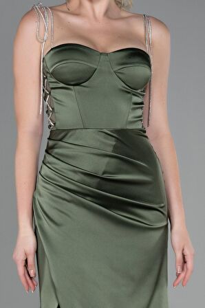 Taş Askılı Yırtmaçlı Uzun Saten Abiye ABU3198