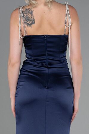 Taş Askılı Yırtmaçlı Uzun Saten Abiye ABU3198