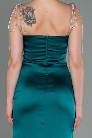 Taş Askılı Yırtmaçlı Uzun Saten Abiye ABU3198