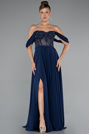 İşlemeli Kayık Yaka Yırtmaçlı Uzun Şifon Abiye ABU3310