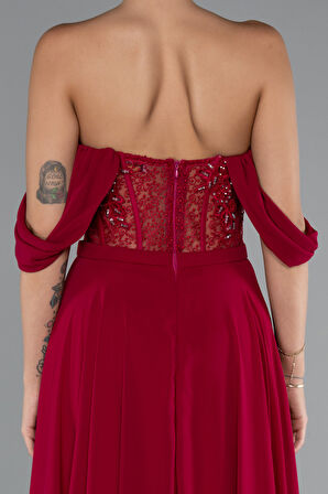 İşlemeli Kayık Yaka Yırtmaçlı Uzun Şifon Abiye ABU3310