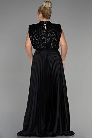 Üstü Pullu Saten Ateş Pile Uzun Büyük Beden Abiye ABU3341