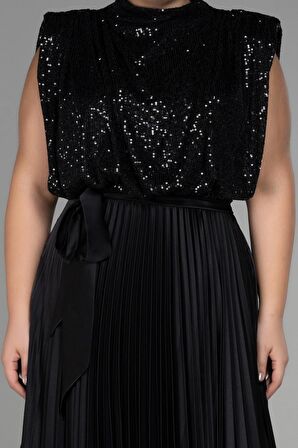 Üstü Pullu Saten Ateş Pile Uzun Büyük Beden Abiye ABU3341