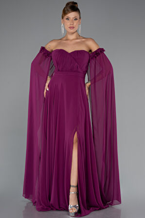 Kayık Yaka Uzun Şifon Büyük Beden Abiye ABU3464