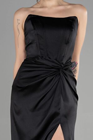 Straplez Balen Korse Yırtmaçlı Uzun Saten Abiye ABU3474