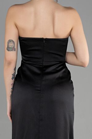 Straplez Balen Korse Yırtmaçlı Uzun Saten Abiye ABU3474