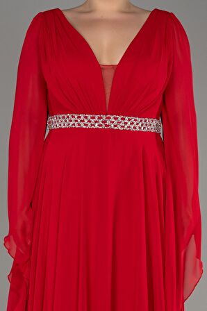 Uzun Şal Kol V Yaka Şifon Büyük Beden Abiye ABU3543