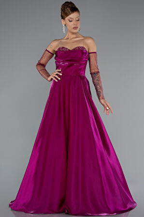 Straplez Uzun Tül Kol Tafta Abiye Elbise ABU3604