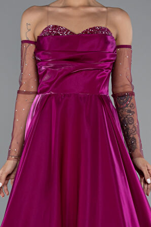 Straplez Uzun Tül Kol Tafta Abiye Elbise ABU3604