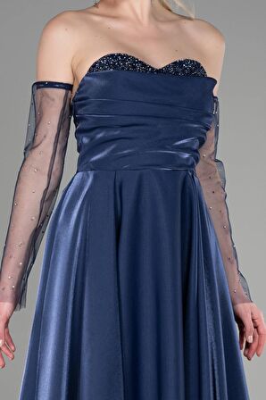 Straplez Uzun Tül Kol Tafta Abiye Elbise ABU3604