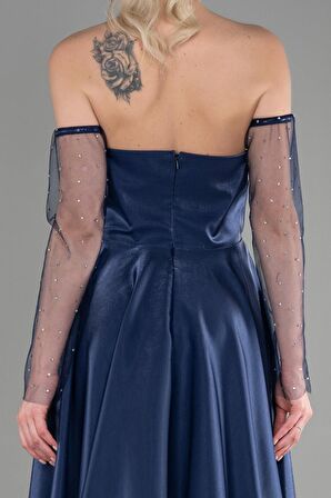 Straplez Uzun Tül Kol Tafta Abiye Elbise ABU3604