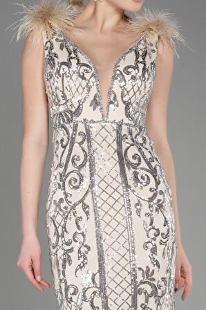 Kolsuz Otriş Detay Uzun Pullu Nişan Elbisesi ABU3669