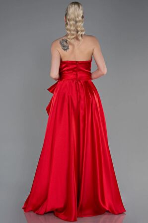 Straplez Bacak Dekolteli Uzun Saten Abiye Elbise ABU3674