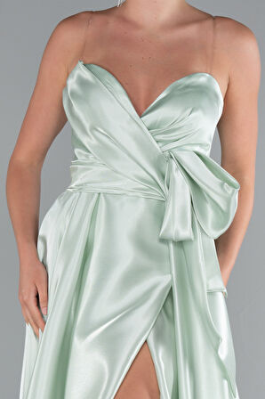 Straplez Yırtmaçlı Uzun Saten Abiye Elbise ABU3674