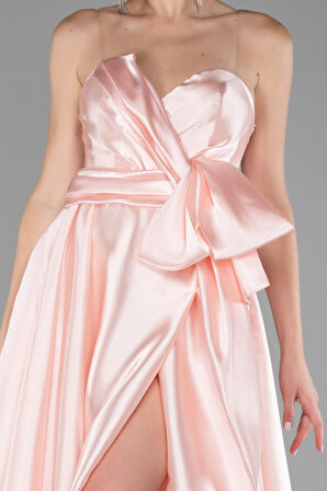 Straplez Bacak Dekolteli Uzun Saten Abiye Elbise ABU3674