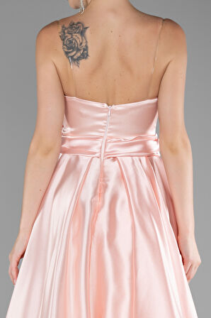 Straplez Bacak Dekolteli Uzun Saten Abiye Elbise ABU3674