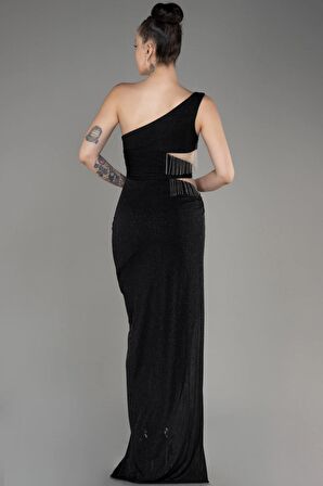 Tek Omuz Bel Dekolteli Uzun Simli Abiye Elbise ABU3702