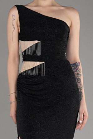 Tek Omuz Bel Dekolteli Uzun Simli Abiye Elbise ABU3702