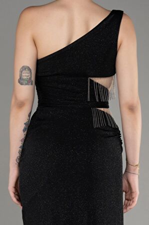 Tek Omuz Bel Dekolteli Uzun Simli Abiye Elbise ABU3702