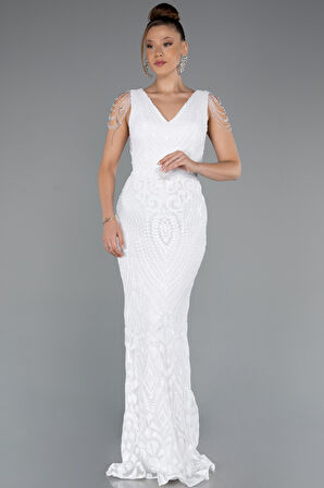 V Yaka Uzun Pullu Büyük Beden Abiye Elbise ABU3845