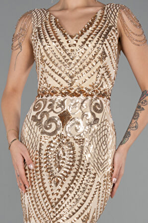 V Yaka Uzun Pullu Büyük Beden Abiye Elbise ABU3845