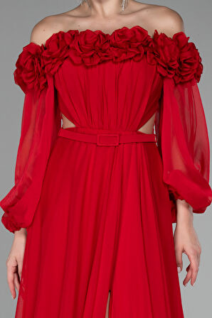 Çiçekli Kayık Yaka Yırtmaçlı Uzun Şifon Abiye ABU4130