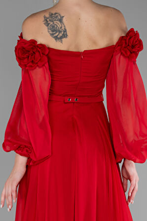 Çiçekli Kayık Yaka Yırtmaçlı Uzun Şifon Abiye ABU4130