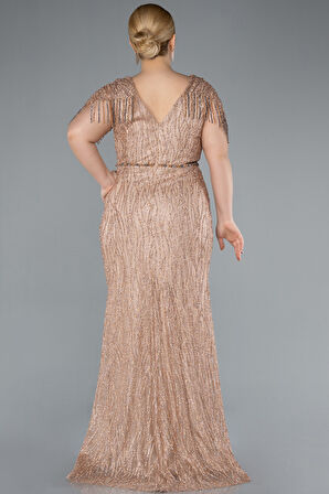 Kısa Kol Taşlı Uzun Özel Tasarım Büyük Beden Abiye ABU4146