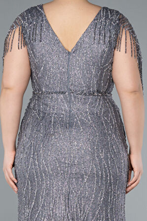 Kısa Kol Taşlı Uzun Özel Tasarım Büyük Beden Abiye ABU4146